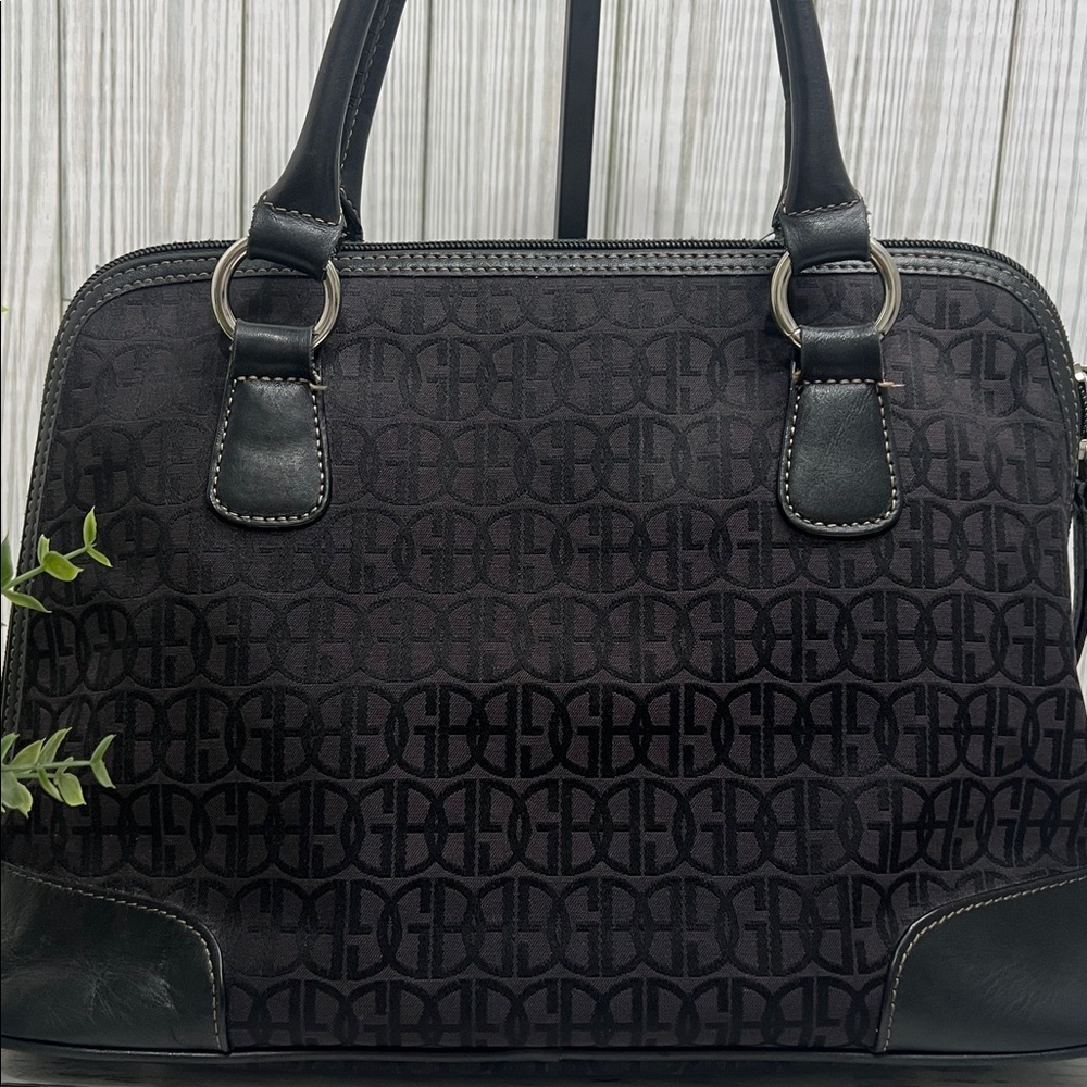 Gianni Bini Black Jacquard Logo Satchel Tote Handbag Leather Trim Structured Bag - Picture 2 of 10